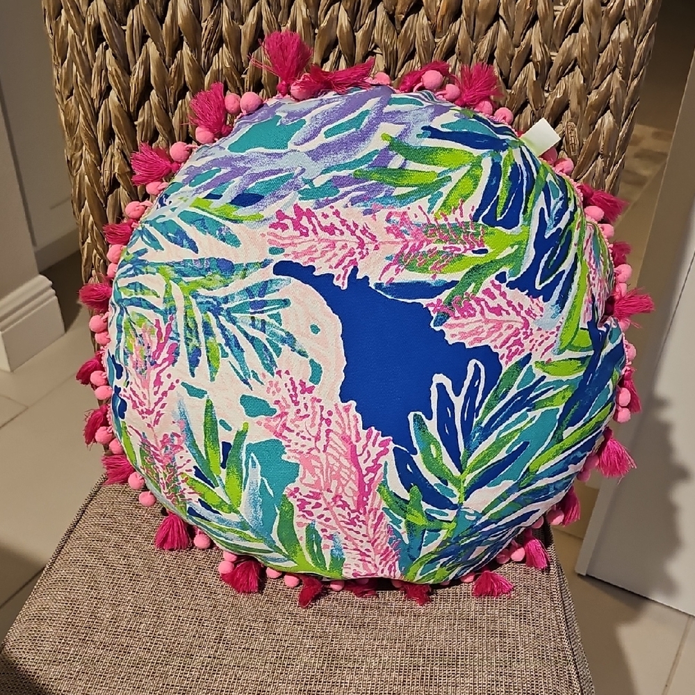 Vibrant Lilly Pulitzer Tropical Round Pillow with Pink Tassels